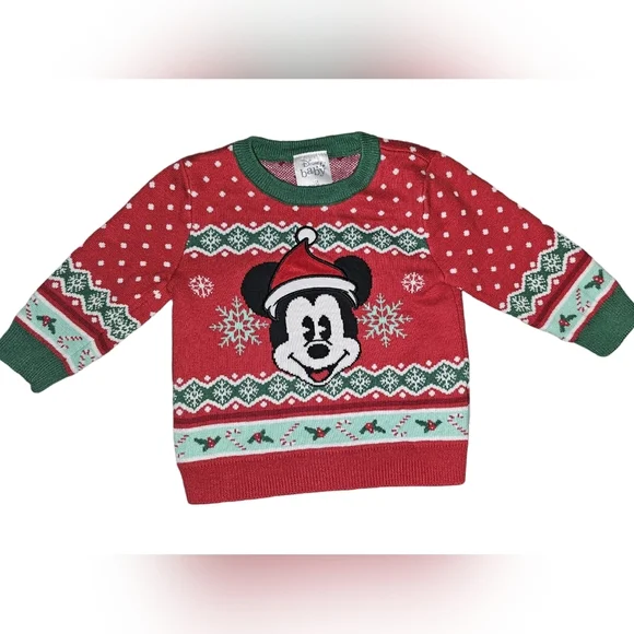 Disney Baby Mickey Mouse Christmas Sweater Red Green Holiday Sz 9-12M - Picture 3 of 5